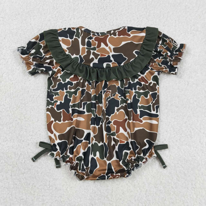 Embroidery  Daddy's Girl Green Camo Short Sleeve Bubble Romper With Bow