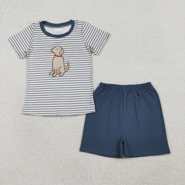 Embroidery Dogs Baby Boys Stripe Top Shorts Hunting Clothes Sets