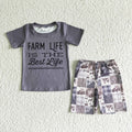 Farm life is the best life gray top plaid shorts boys summer outfits   BSSO0029