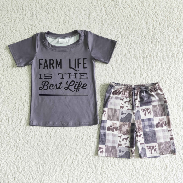 Farm life is the best life gray top plaid shorts boys summer outfits   BSSO0029
