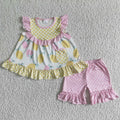 Flutter sleeve lemon print ruffles shorts summer outfits GSSO0073