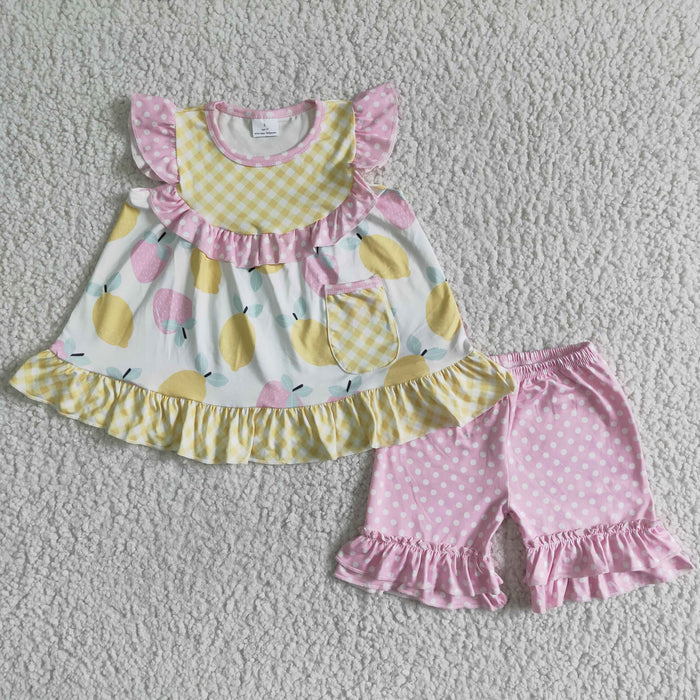 Flutter sleeve lemon print ruffles shorts summer outfits GSSO0073