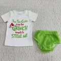 GBO0050 Green Frog White Top Fur Shorts Baby Girls Christmas Bummie Set