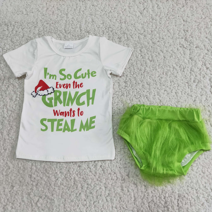 GBO0050 Green Frog White Top Fur Shorts Baby Girls Christmas Bummie Set