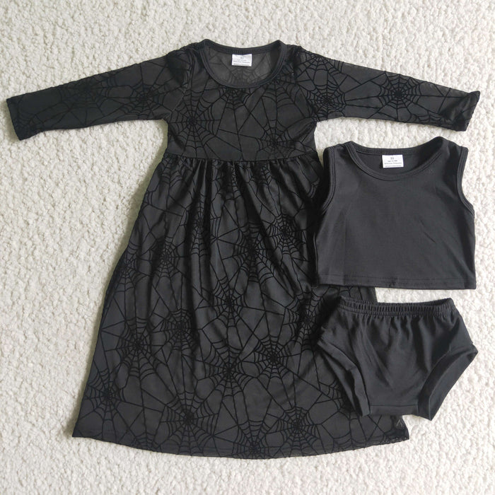 GBO0059 Web Tulle Dress Black Cotton Baby Girls Halloween 3 Pieces Bummie Set