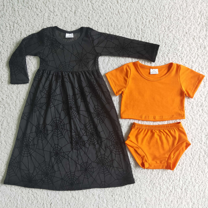 GBO0060 Web Tulle Dress Orange Cotton Baby Girls Halloween 3 Pieces Bummie Set