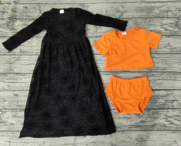 GBO0060 Web Tulle Dress Orange Cotton Baby Girls Halloween 3 Pieces Bummie Set