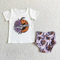 GBO0062 Sweet Spooky Pumpkin Flowers Top Purple Shorts Baby Girls Halloween Bummie Set