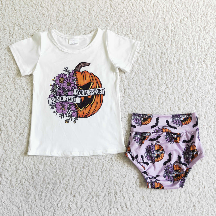 GBO0062 Sweet Spooky Pumpkin Flowers Top Purple Shorts Baby Girls Halloween Bummie Set