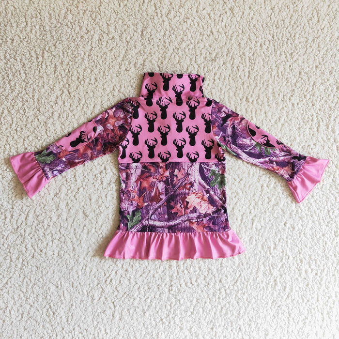 Girls hot pink deer camo print zipper pullover      GT0056