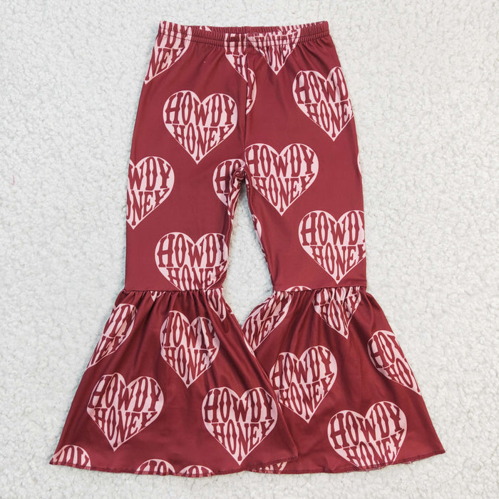 Girls HOWDY heart print bell bottom Western pants   P0052