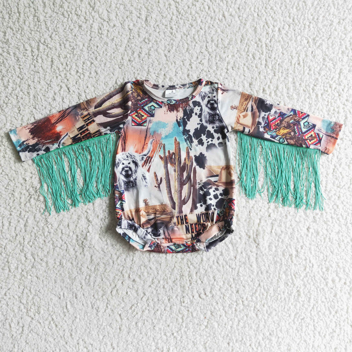Girls long sleeve highland cow print tassels romper    LR0049
