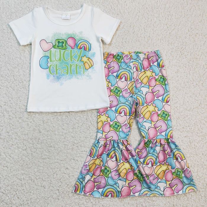 Girls LUCK CHARM print St. Patrick's Day bell pants outfit    GSPO0303