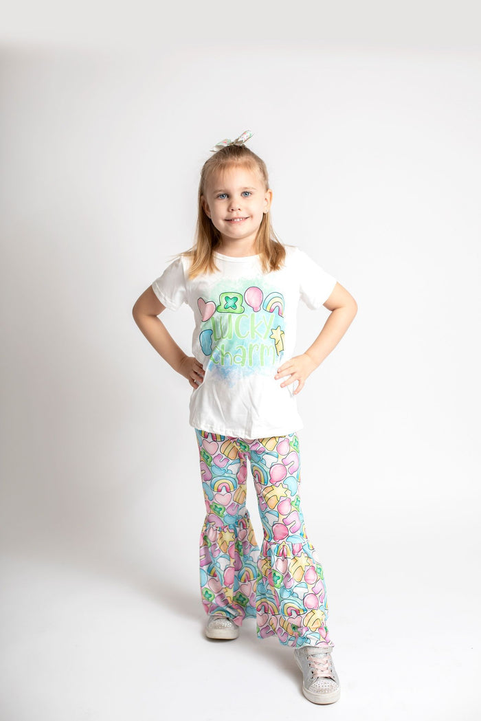 Girls LUCK CHARM print St. Patrick's Day bell pants outfit    GSPO0303