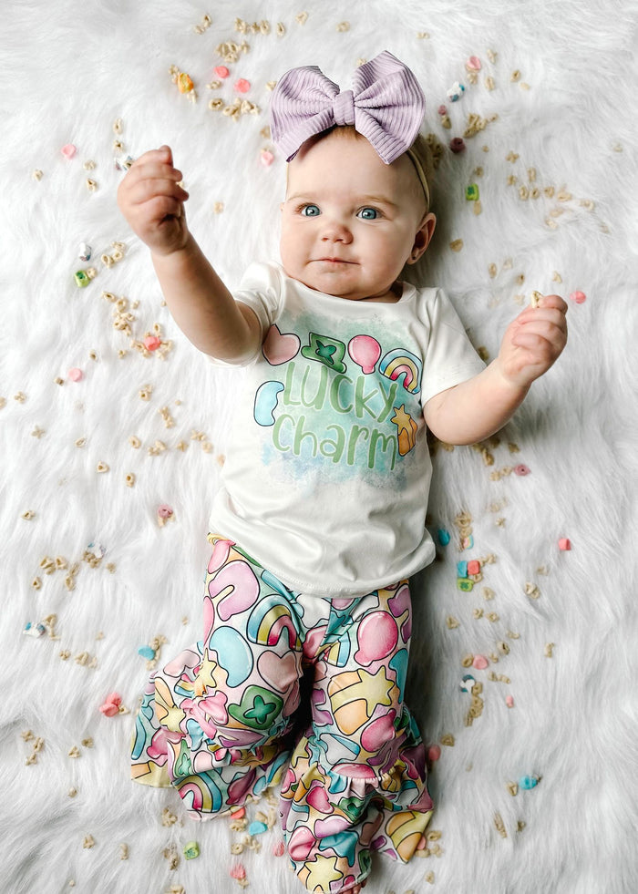 Girls LUCK CHARM print St. Patrick's Day bell pants outfit    GSPO0303