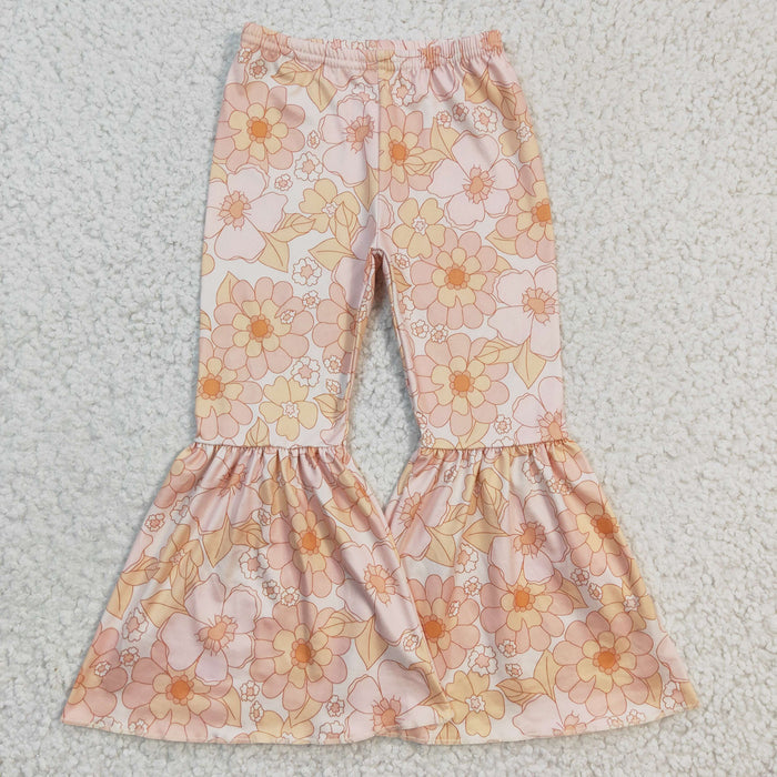 Girls orange flowers print bell pants   P0054