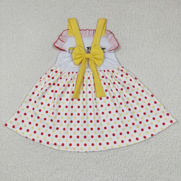 Girls sleeveless yellow bow red dots print dress    GSD0203