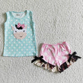 Girls summer cow print embroidery outfits   GSSO0088