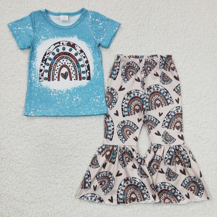 Girls turquoise rainbow print western bell pants outfit  GSPO0338