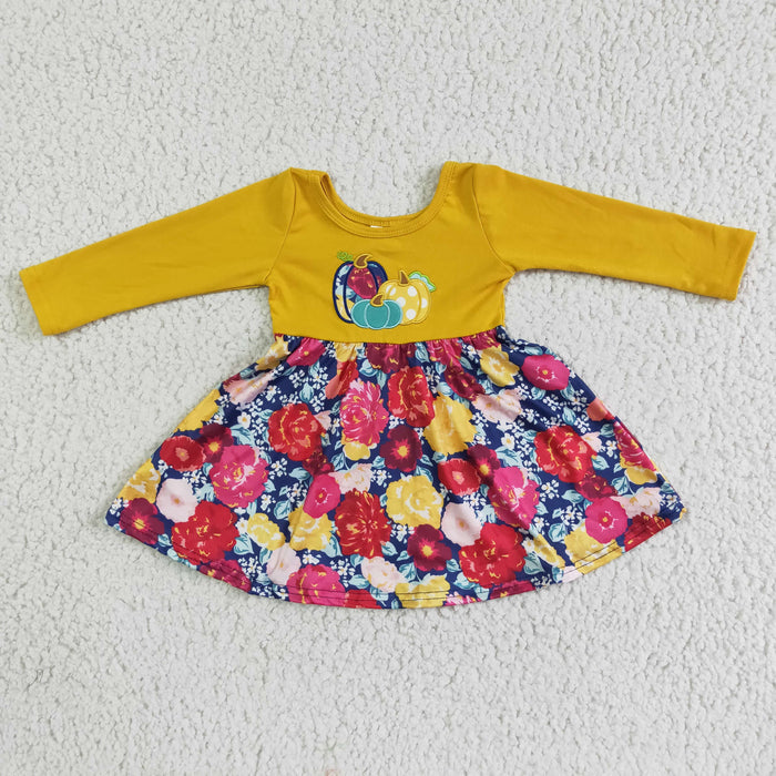 GLD0003 Pumpkin Embroidery Flowers Print Girls Fall Dress