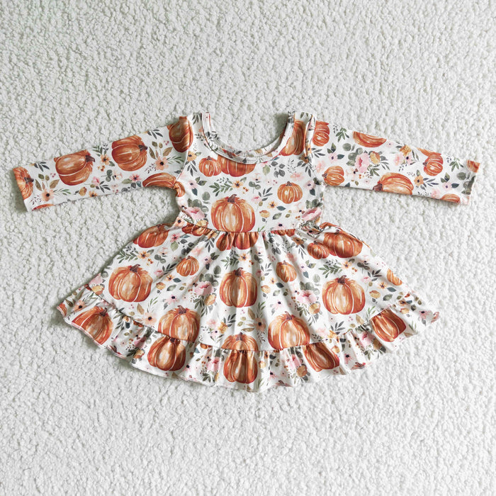 GLD0004 Girls fall pumpkin flowers ruffle dress