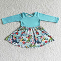 GLD0006 Dino Flowers Print Girls Christmas Knee Length Dress