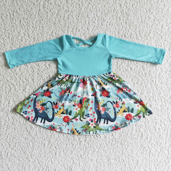 GLD0006 Dino Flowers Print Girls Christmas Knee Length Dress