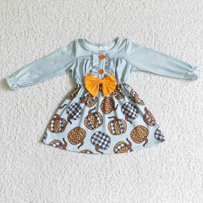 GLD0007 Girls leopard plaid pumpkin blue dress