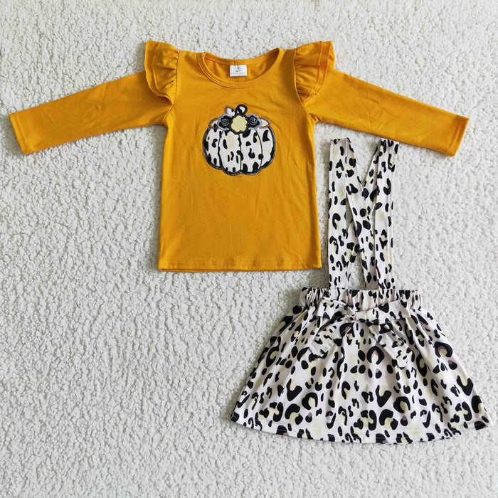 GLD0008 Pumpkin Embroidery Orange Top Leopard Suspender Skirts Girls Fall Outfits