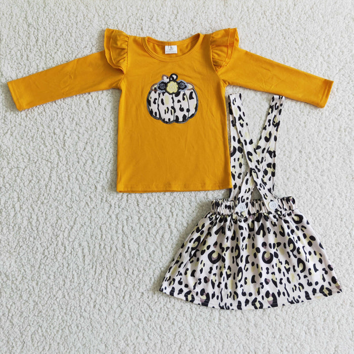 GLD0008 Pumpkin Embroidery Orange Top Leopard Suspender Skirts Girls Fall Outfits