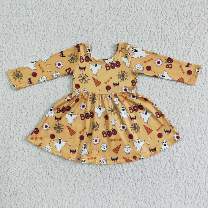 GLD0013 Ghost Boo Print Girls Halloween Knee Length Dresses