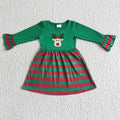 GLD0014 Deer Embroidery Stripes Print Girls Christmas Knee Length Dress