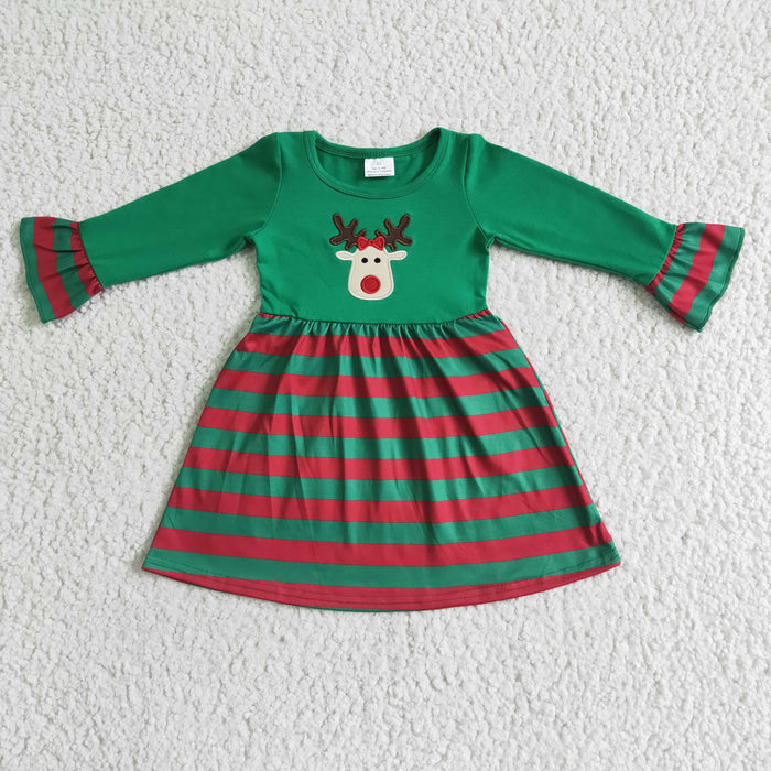 GLD0014 Deer Embroidery Stripes Print Girls Christmas Knee Length Dress