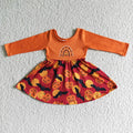 GLD0016 Pumpkin Bat Rainbow Orange Print Girls Halloween Knee Length Dress