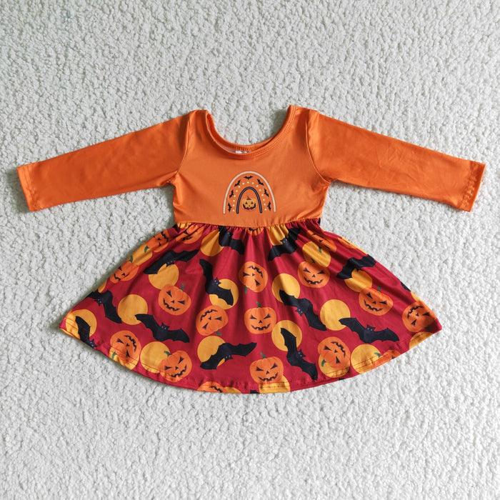 GLD0016 Pumpkin Bat Rainbow Orange Print Girls Halloween Knee Length Dress