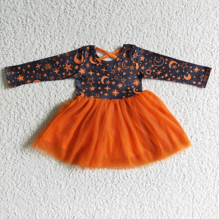 GLD0017 Stars and Moon Orange Print Girls Halloween Knee Length Tulle Dress