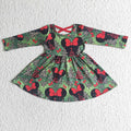 GLD0018 Cartoon Mouse Bows Tree Print Girls Christmas Knee Length Dress