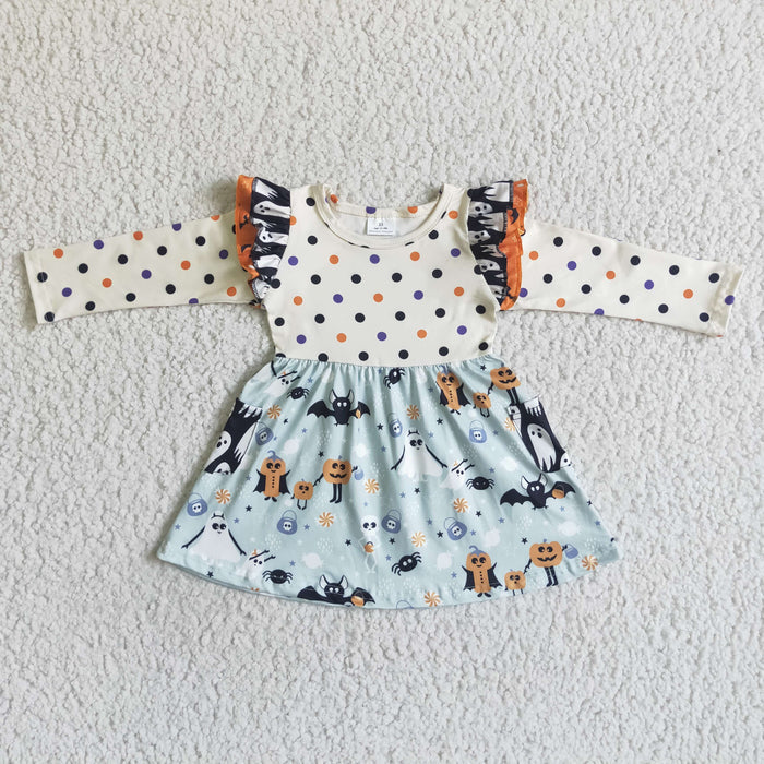 GLD0022 Ghost and Pumpkin Print Girls Halloween Knee Length Dress