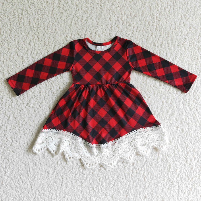GLD0024 Red Checkered Print Girls Christmas Knee Length Dress