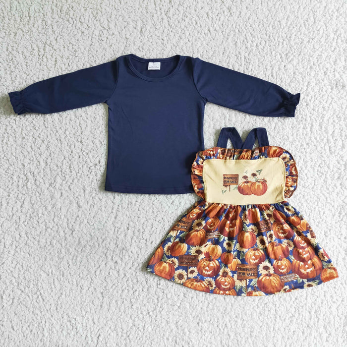 GLD0031 Navy Top Pumpkin Suspender Skirts Girls Fall Clothes Set