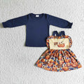 GLD0031 Navy Top Pumpkin Suspender Skirts Girls Fall Clothes Set