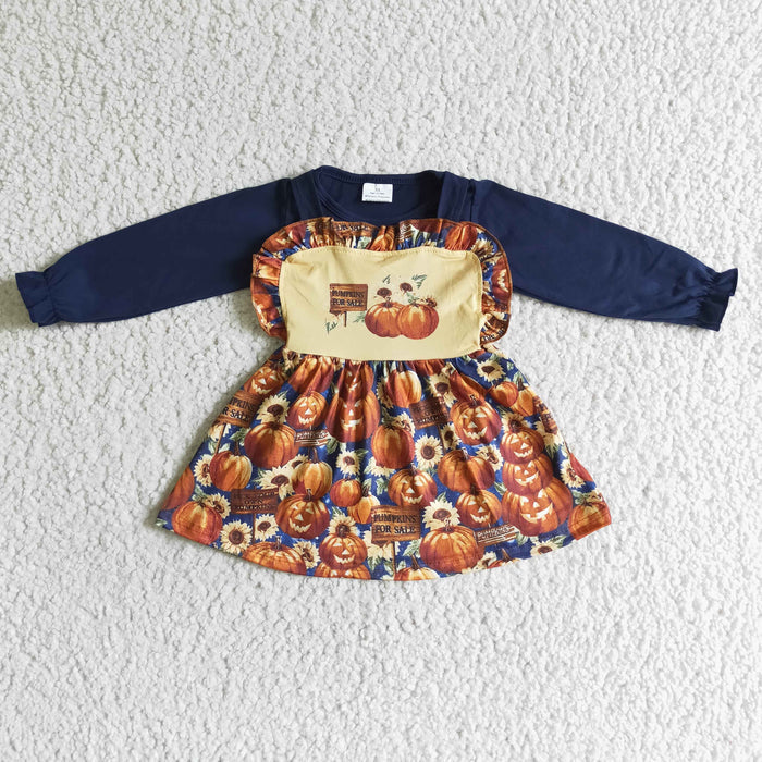 GLD0031 Navy Top Pumpkin Suspender Skirts Girls Fall Clothes Set