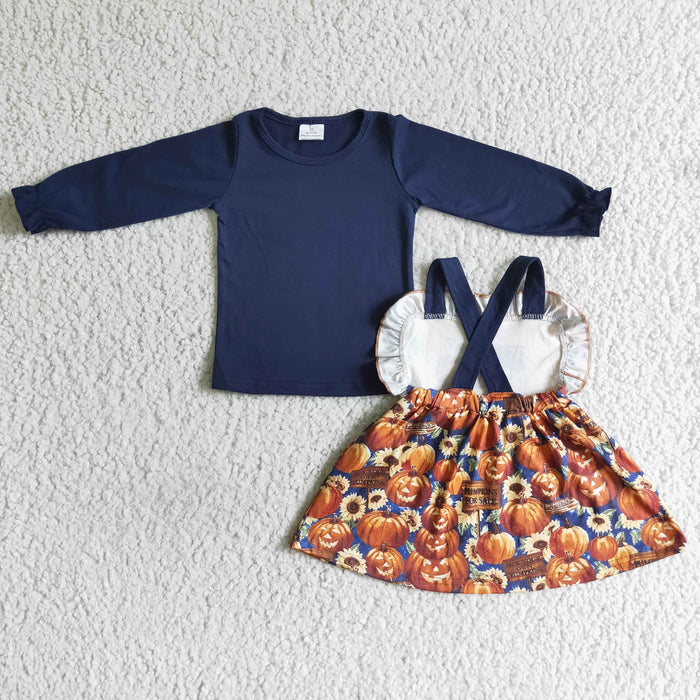 GLD0031 Navy Top Pumpkin Suspender Skirts Girls Fall Clothes Set