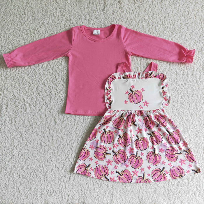 GLD0032 Pink Top Pumpkin Flowers Suspender Skirts Girls Fall Clothes Set