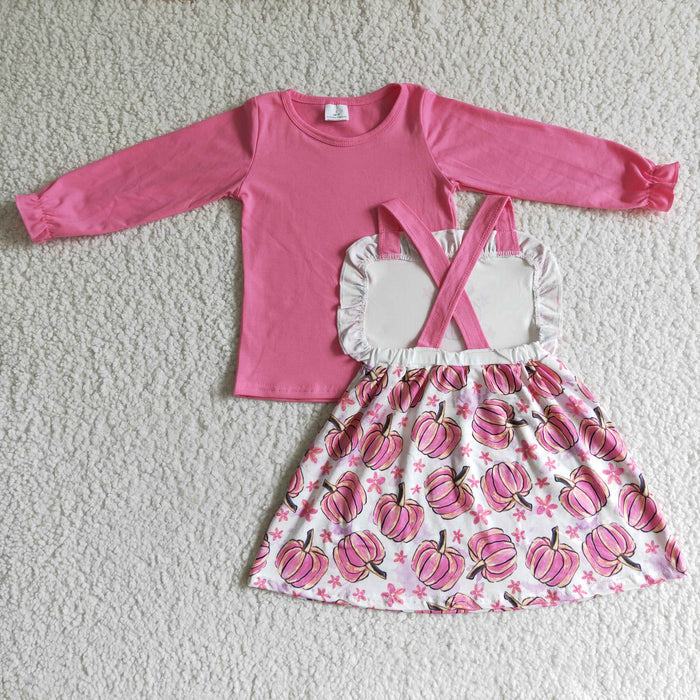 GLD0032 Pink Top Pumpkin Flowers Suspender Skirts Girls Fall Clothes Set