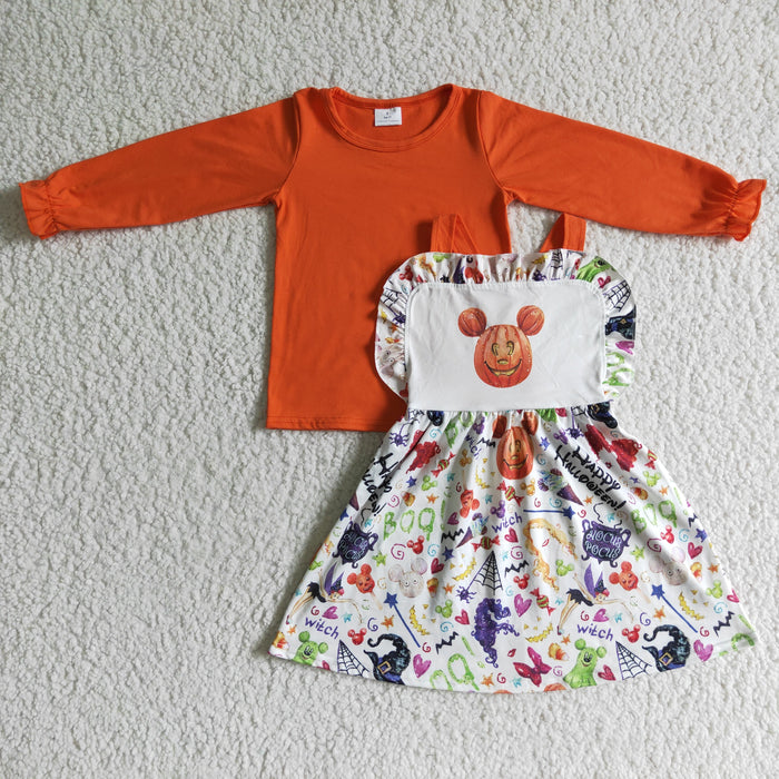 GLD0033 Orange Top Cartoon Mouse Witch Boo Suspender Skirts Girls Halloween Clothes Set