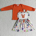 GLD0033 Orange Top Cartoon Mouse Witch Boo Suspender Skirts Girls Halloween Clothes Set