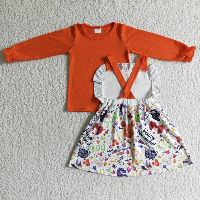 GLD0033 Orange Top Cartoon Mouse Witch Boo Suspender Skirts Girls Halloween Clothes Set