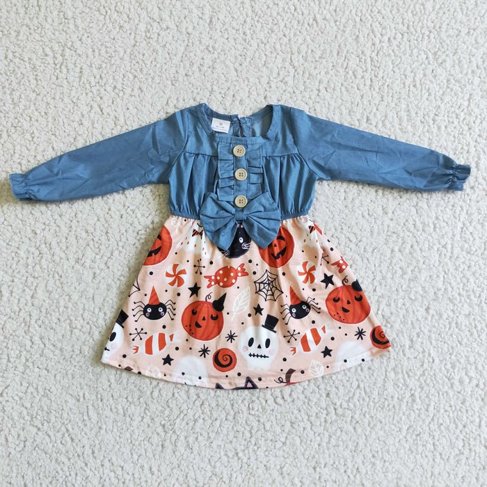 GLD0039 Pumpkin Candy Print Girls Halloween Knee Length Dress