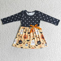 GLD0040 Ghost Pumpkin Cat Candy Print Girls Halloween Knee Length Dress